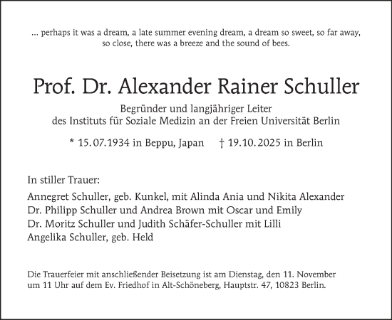 Traueranzeige von Alexander Rainer Schuller von Tagesspiegel