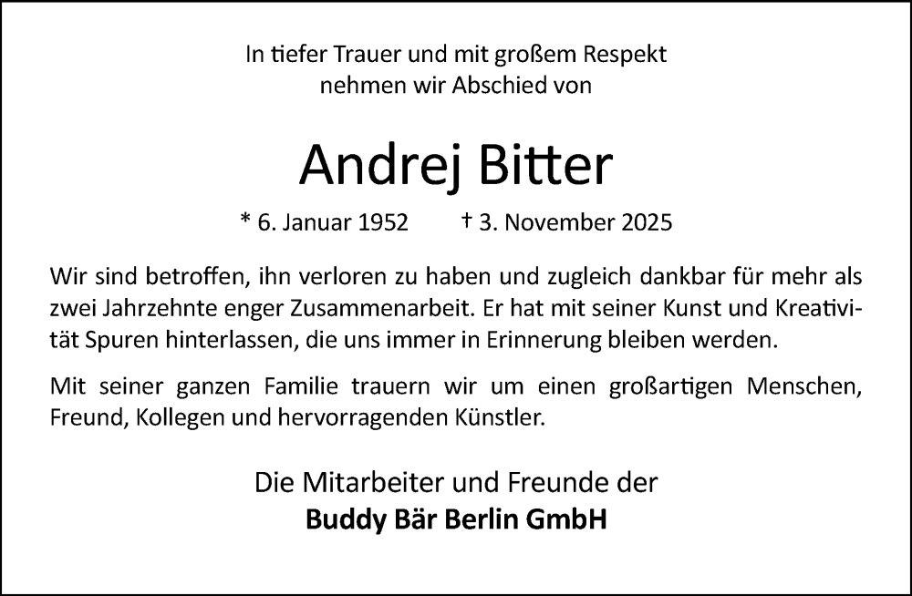  Traueranzeige für Andrej Bitter vom 08.11.2025 aus Tagesspiegel