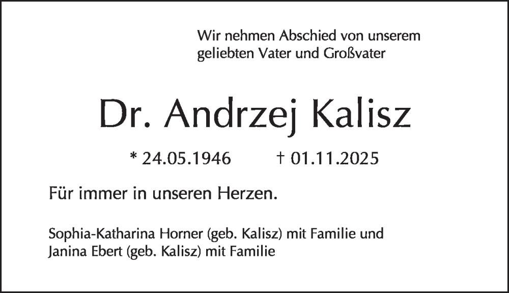  Traueranzeige für Andrzej Kalisz vom 15.11.2025 aus Tagesspiegel