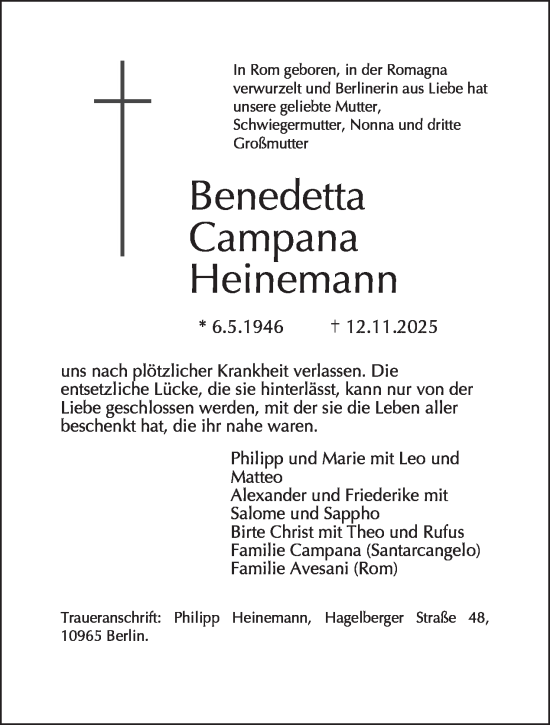 Traueranzeige von Benedetta Heinemann von Tagesspiegel