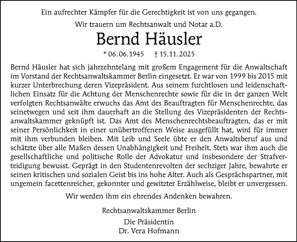  Traueranzeige für Bernd Häusler vom 22.11.2025 aus Tagesspiegel