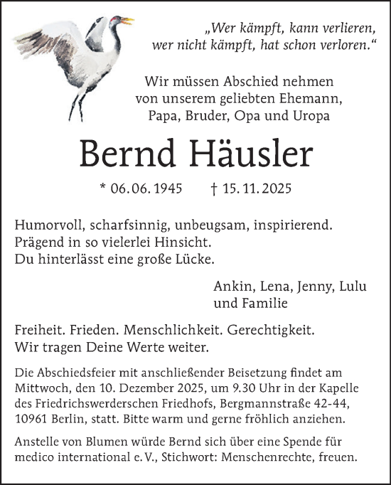 Traueranzeige von Bernd Häusler von Tagesspiegel
