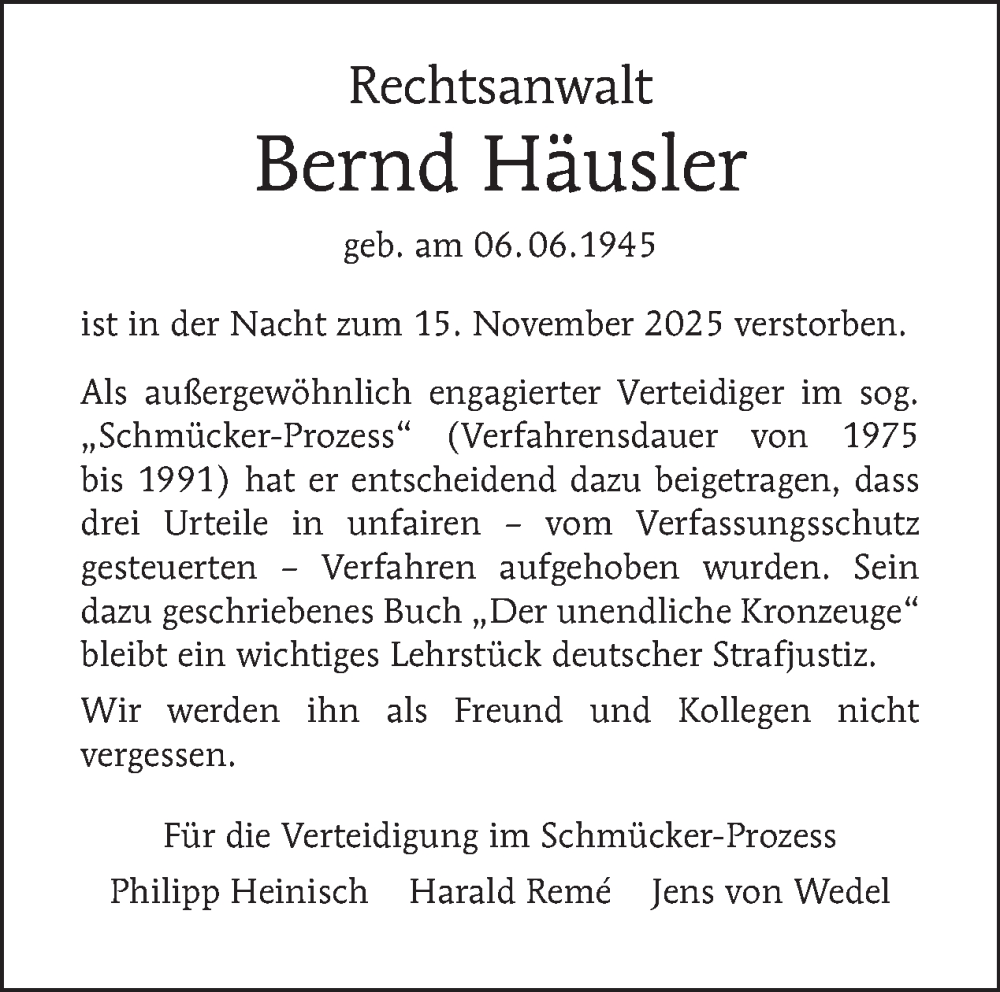  Traueranzeige für Bernd Häusler vom 29.11.2025 aus Tagesspiegel