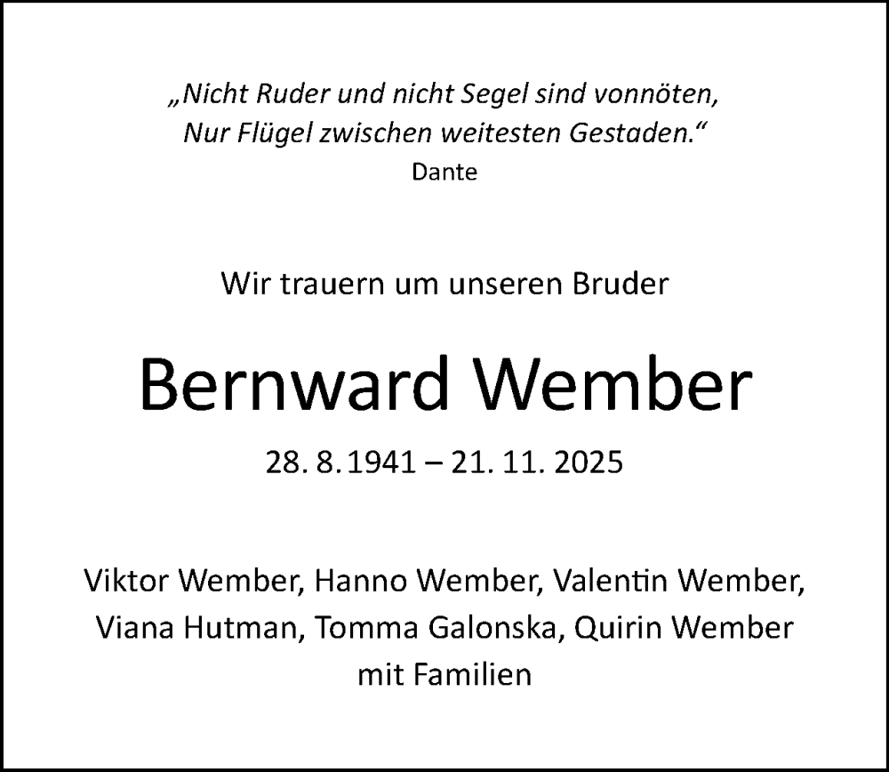  Traueranzeige für Bernward Wember vom 29.11.2025 aus Tagesspiegel
