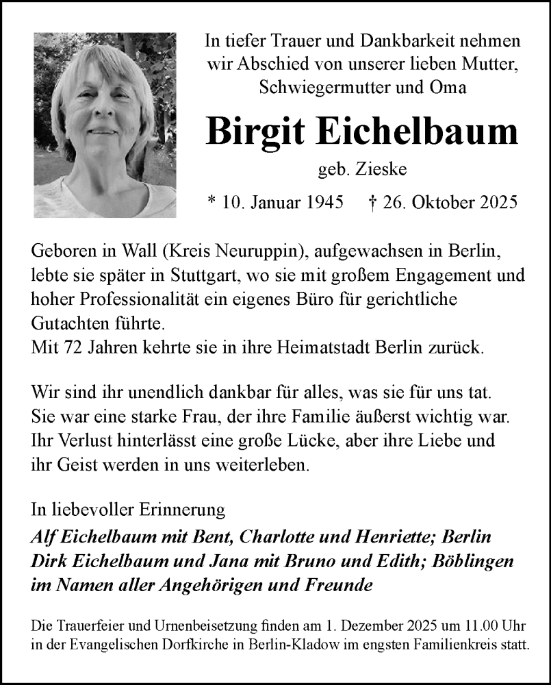  Traueranzeige für Birgit Eichelbaum vom 22.11.2025 aus Tagesspiegel