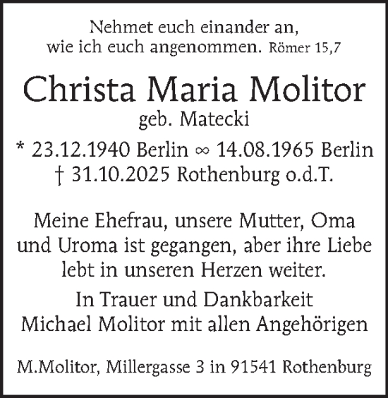 Traueranzeige von Christa Maria Molitor von Tagesspiegel