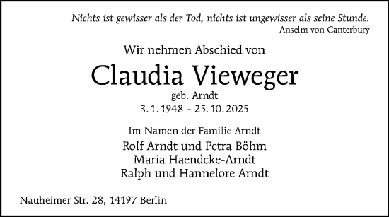 Traueranzeige von Claudia Vieweger von Tagesspiegel
