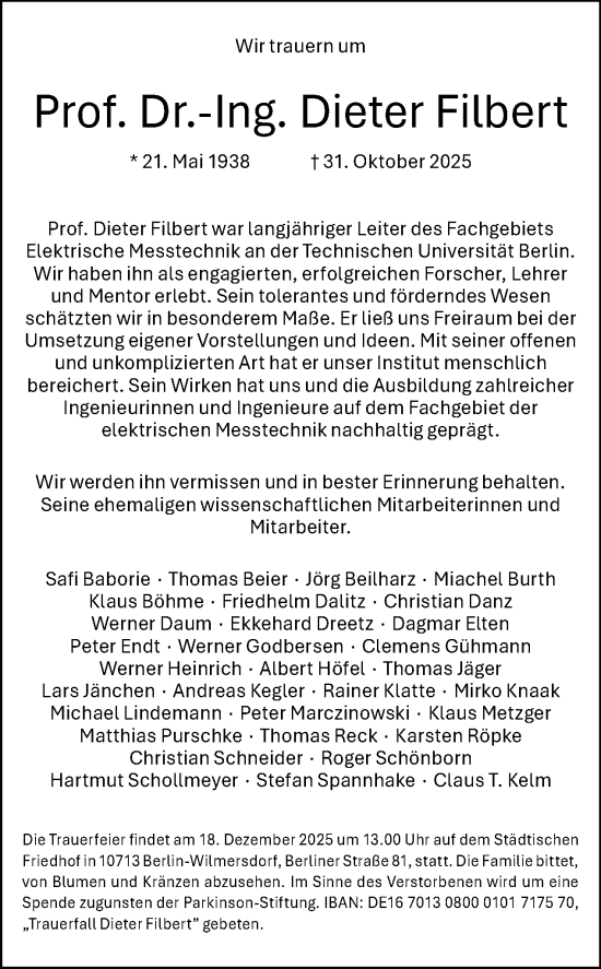 Traueranzeige von Dieter Filbert von Tagesspiegel