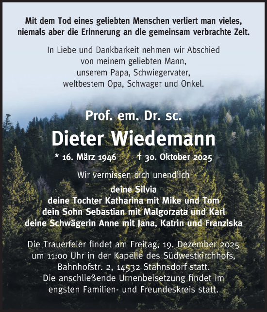 Traueranzeige von Dieter Wiedemann von Tagesspiegel