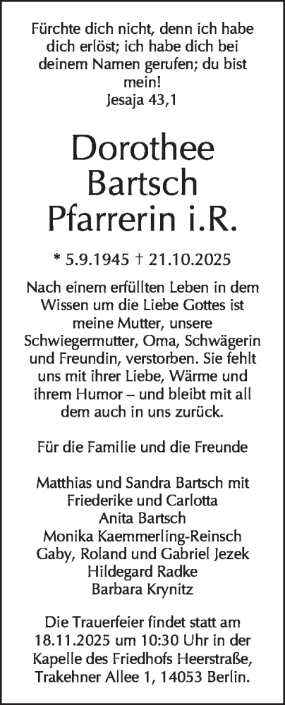 Traueranzeige von Dorothee Bartsch von Tagesspiegel
