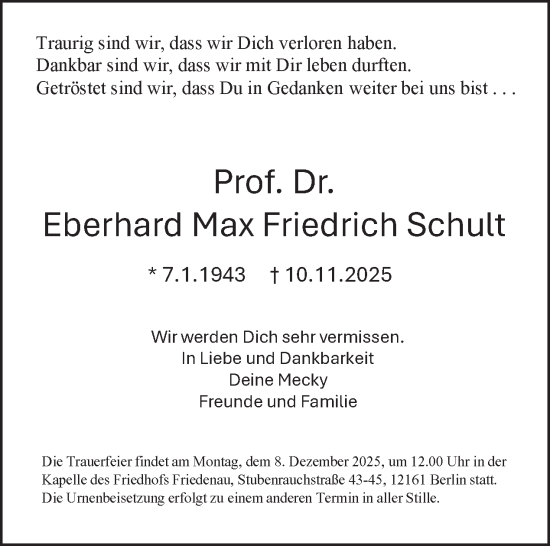 Traueranzeige von Eberhard Max Friedrich Schult von Tagesspiegel