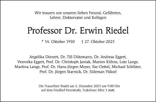 Traueranzeige von Erwin Riedel von Tagesspiegel