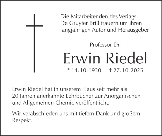 Traueranzeige von Erwin Riedel von Tagesspiegel