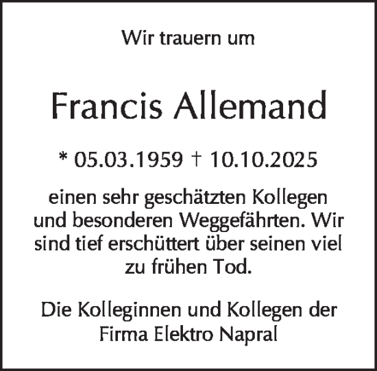 Traueranzeige von Francis Allemand von Tagesspiegel