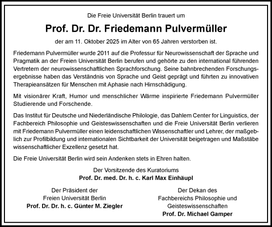 Traueranzeige von Friedemann Pulvermüller von Tagesspiegel