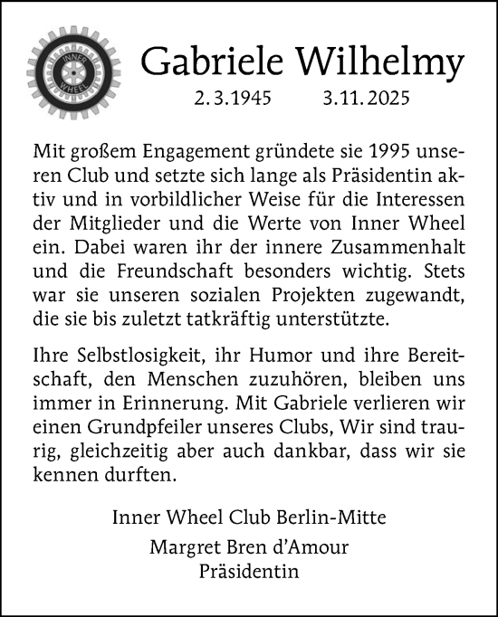 Traueranzeige von Gabriele Wilhelmy von Tagesspiegel