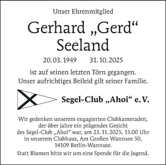 Traueranzeige von Gerhard Seeland von Tagesspiegel