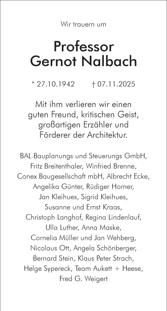  Traueranzeige für Gernot Nalbach vom 22.11.2025 aus Tagesspiegel