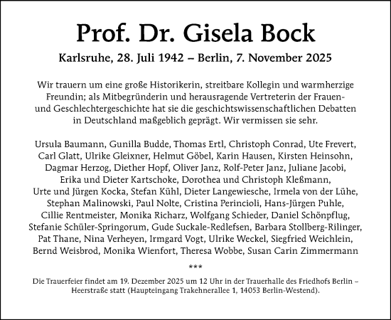 Traueranzeige von Gisela Bock von Tagesspiegel