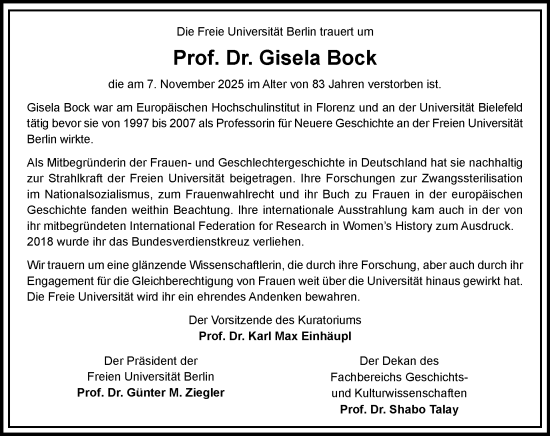 Traueranzeige von Gisela Bock von Tagesspiegel