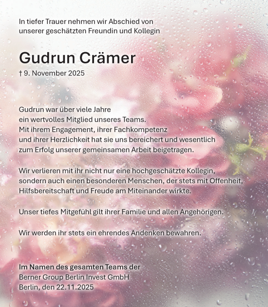 Traueranzeige von Gudrun Crämer von Tagesspiegel