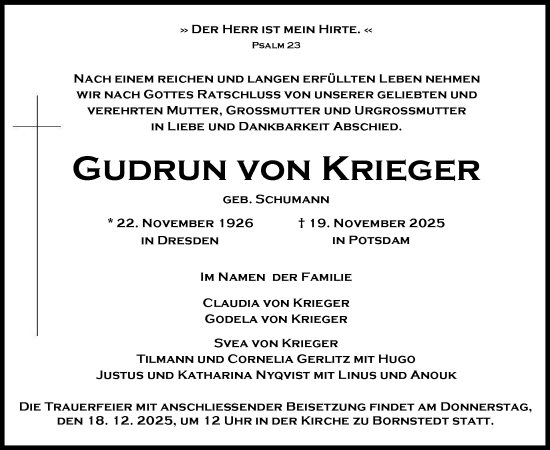 Traueranzeige von Gudrun von Krieger von Tagesspiegel