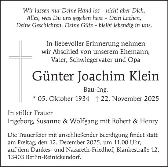 Traueranzeige von Günter Joachim Klein von Tagesspiegel