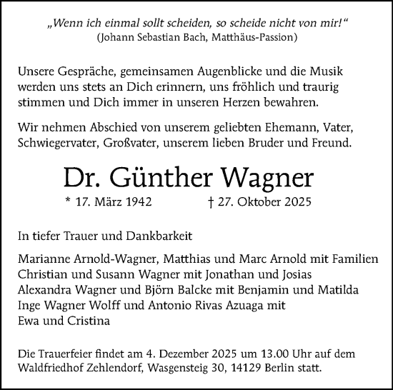 Traueranzeige von Günther Wagner von Tagesspiegel