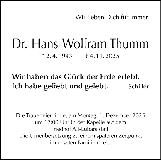 Traueranzeige von Hans-Wolfram Thumm von Tagesspiegel