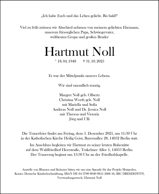 Traueranzeige von Hartmut Noll von Tagesspiegel
