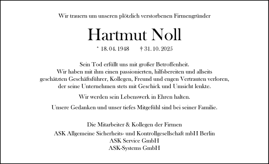 Traueranzeige von Hartmut Noll von Tagesspiegel