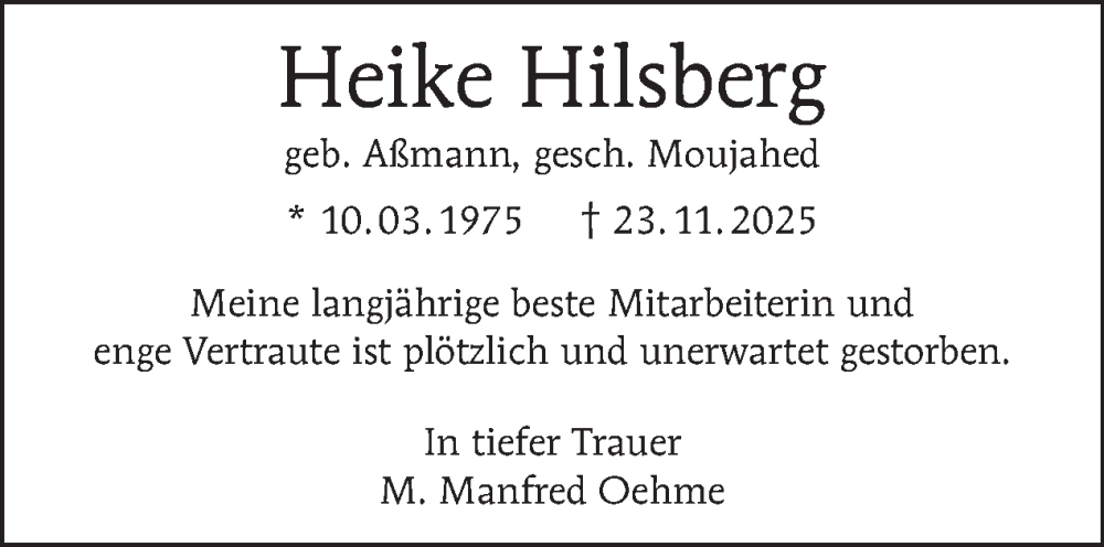  Traueranzeige für Heike Hilsberg vom 29.11.2025 aus Tagesspiegel