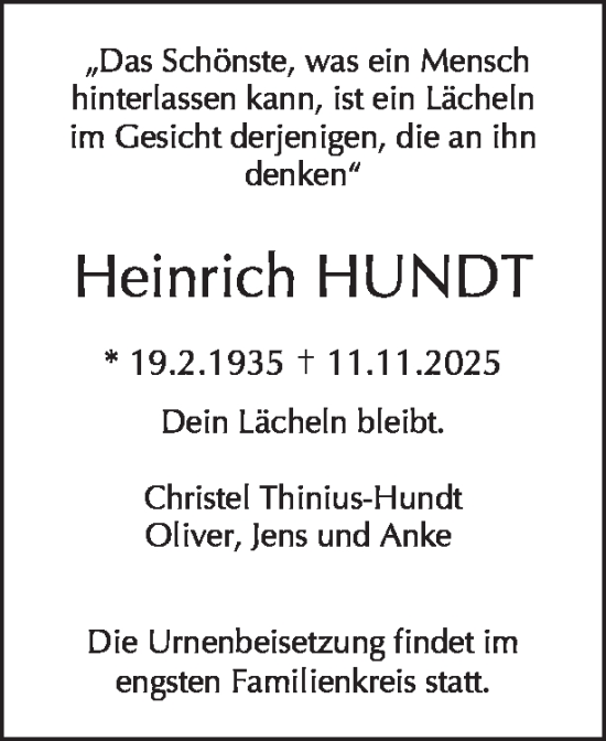 Traueranzeige von Heinrich Hundt von Tagesspiegel