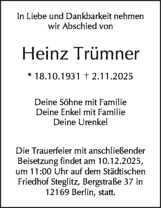 Traueranzeige von Heinz Trümner von Tagesspiegel