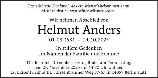 Traueranzeige von Helmut Anders von Tagesspiegel