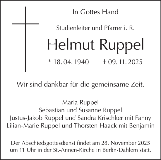 Traueranzeige von Helmut Ruppel von Tagesspiegel