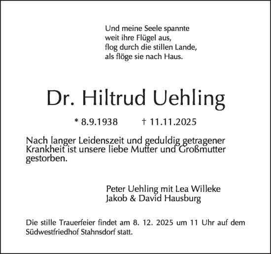 Traueranzeige von Hiltrud Uehling von Tagesspiegel