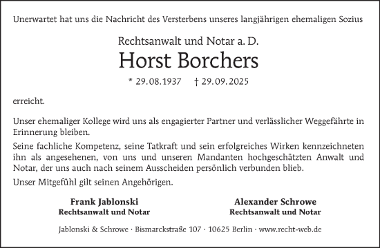 Traueranzeige von Horst Borchers von Tagesspiegel