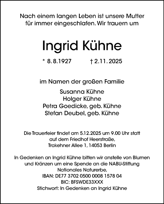 Traueranzeige von Ingrid Kühne von Tagesspiegel