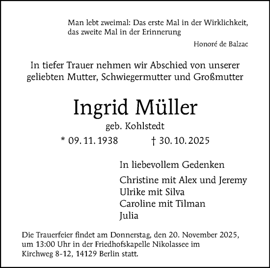 Traueranzeige von Ingrid Müller von Tagesspiegel