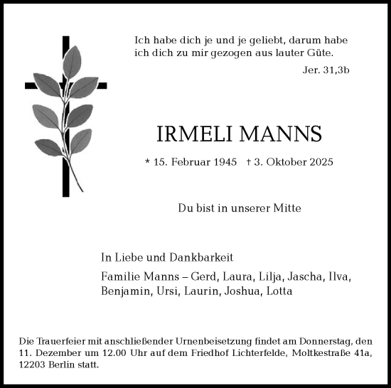 Traueranzeige von Irmelie Manns von Tagesspiegel