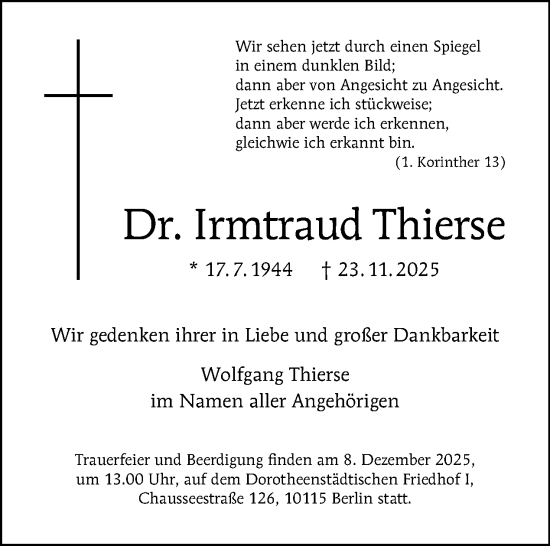 Traueranzeige von Irmtraud Thierse von Tagesspiegel