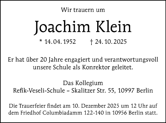 Traueranzeige von Joachim Klein von Tagesspiegel