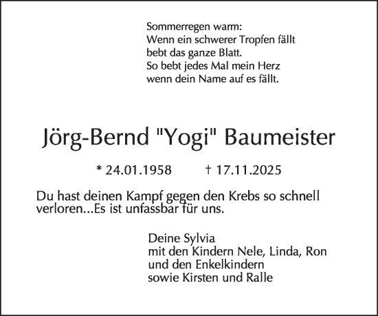 Traueranzeige von Jörg-Bernd Baumeister von Tagesspiegel