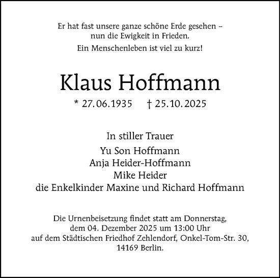 Traueranzeige von Klaus Hoffmann von Tagesspiegel