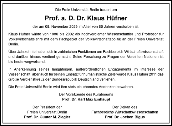 Traueranzeige von Klaus Hüfner von Tagesspiegel