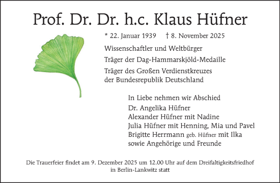 Traueranzeige von Klaus Hüfner von Tagesspiegel