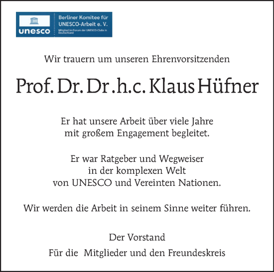 Traueranzeige von Klaus Hüfner von Tagesspiegel