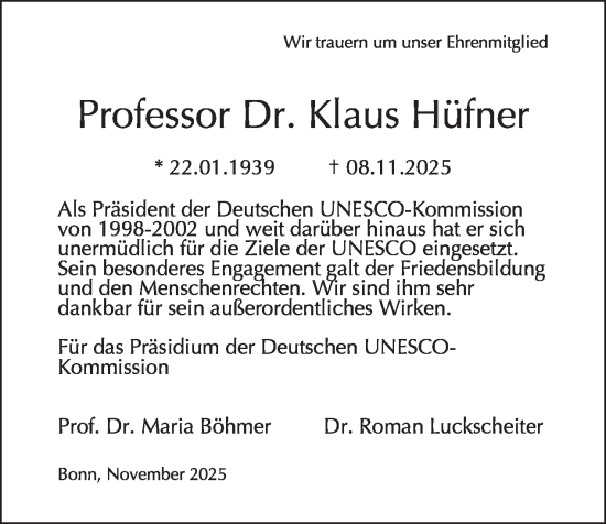 Traueranzeige von Klaus Hüfner von Tagesspiegel