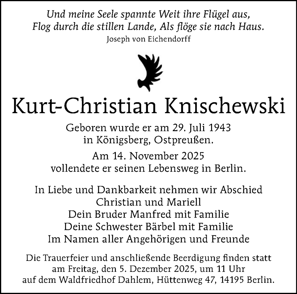  Traueranzeige für Kurt-Christian Knischewski vom 22.11.2025 aus Tagesspiegel